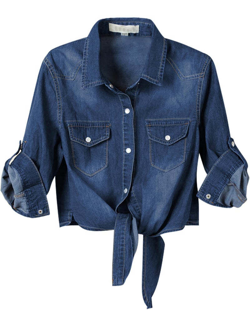 Omoone Women's 3/4 Sleeve Modern Denim Crop Top Tie Knot Shirt Cardigan (0774-Dark Blue-L) - Image 1